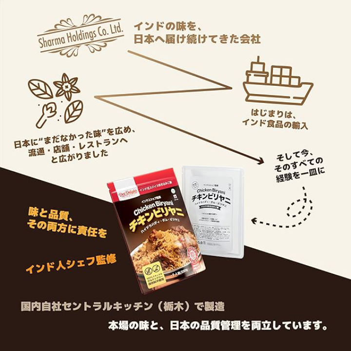 インドの味を、日本へ届け続けてきた会社。国内自社セントラルキッチン(栃木)で製造、本場の味と日本の品質管理を両立しています。